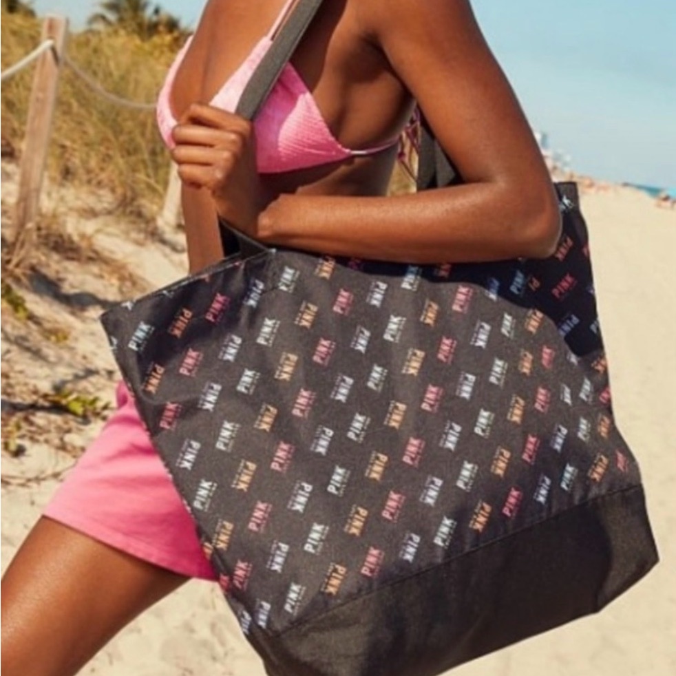 Pink Victorias Secret Black Tote With Multicolor Logo Print